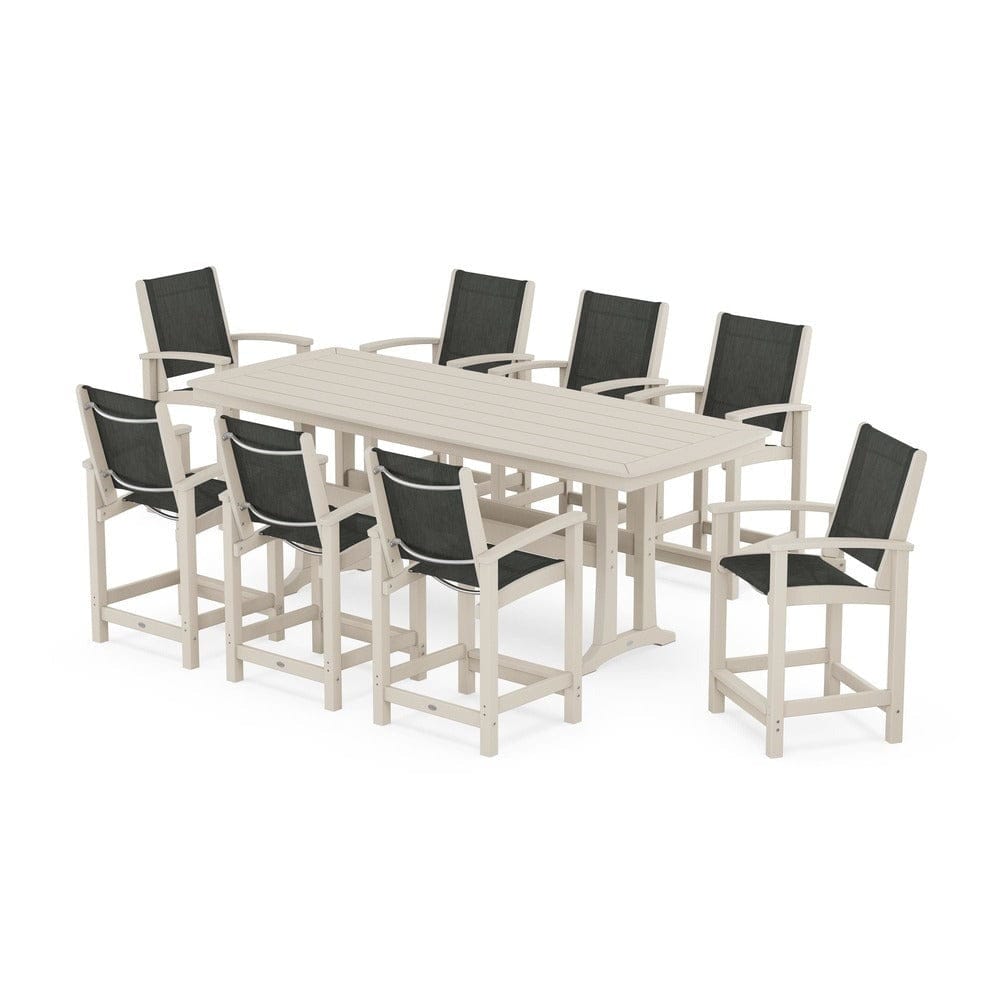 POLYWOOD® Outdoor Furniture Sand / Ember Sling POLYWOOD® - Coastal 9-Piece Counter Set with Trestle Legs - PWS1931