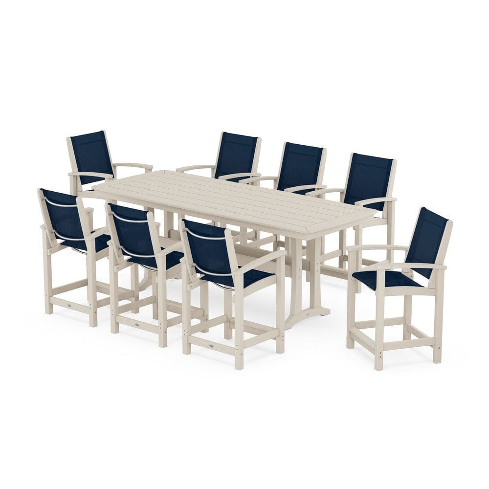 POLYWOOD® Outdoor Furniture Sand / Navy Blue Sling POLYWOOD® - Coastal 9-Piece Counter Set with Trestle Legs - PWS1931