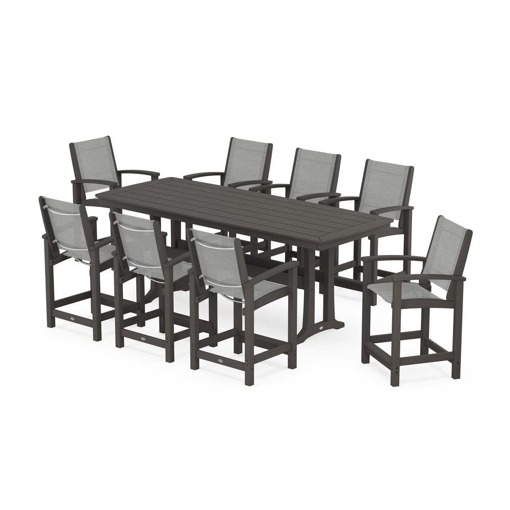 POLYWOOD® Outdoor Furniture Vintage Coffee / Metallic Sling POLYWOOD® - Coastal 9-Piece Counter Set with Trestle Legs - PWS1931
