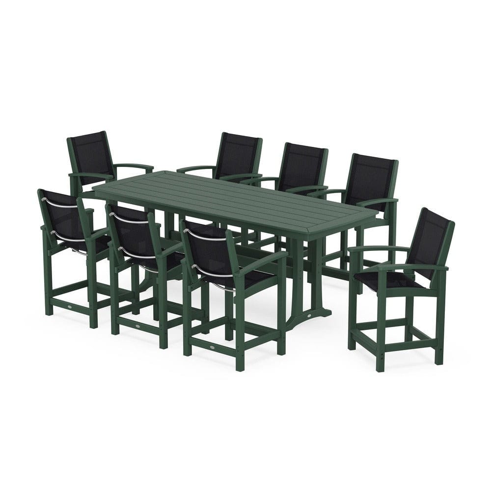 POLYWOOD® Outdoor Furniture Green / Black Sling POLYWOOD® - Coastal 9-Piece Counter Set with Trestle Legs - PWS1931