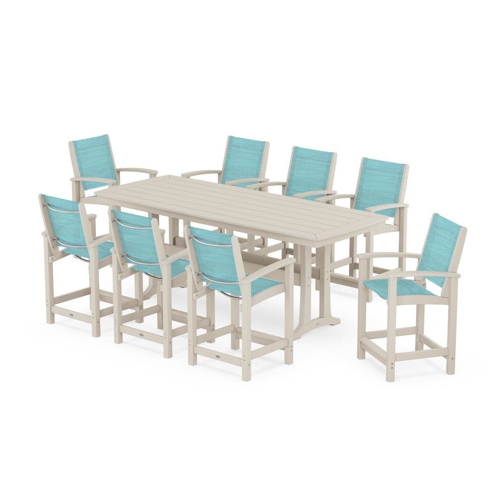POLYWOOD® Outdoor Furniture Sand / Dupioni Aquamarine Sling POLYWOOD® - Coastal 9-Piece Counter Set with Trestle Legs - PWS1931