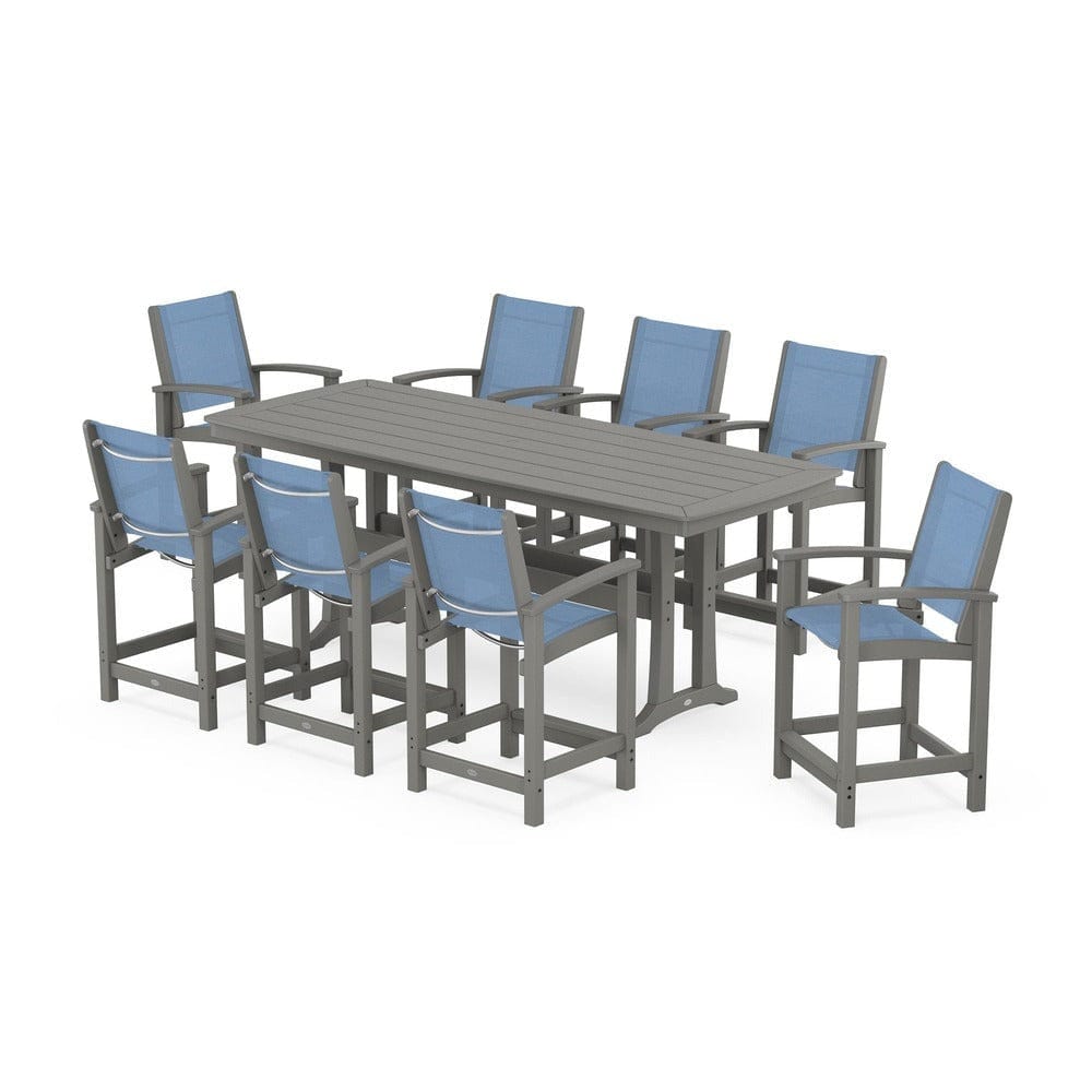 POLYWOOD® Outdoor Furniture Slate Grey / Poolside Sling POLYWOOD® - Coastal 9-Piece Counter Set with Trestle Legs - PWS1931