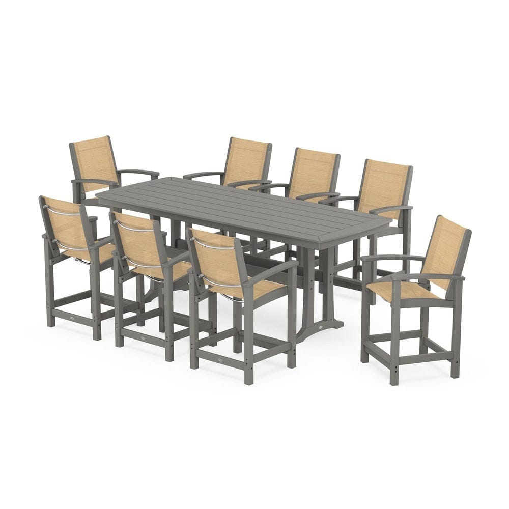 POLYWOOD® Outdoor Furniture Slate Grey / Dupioni Apricot Sling POLYWOOD® - Coastal 9-Piece Counter Set with Trestle Legs - PWS1931