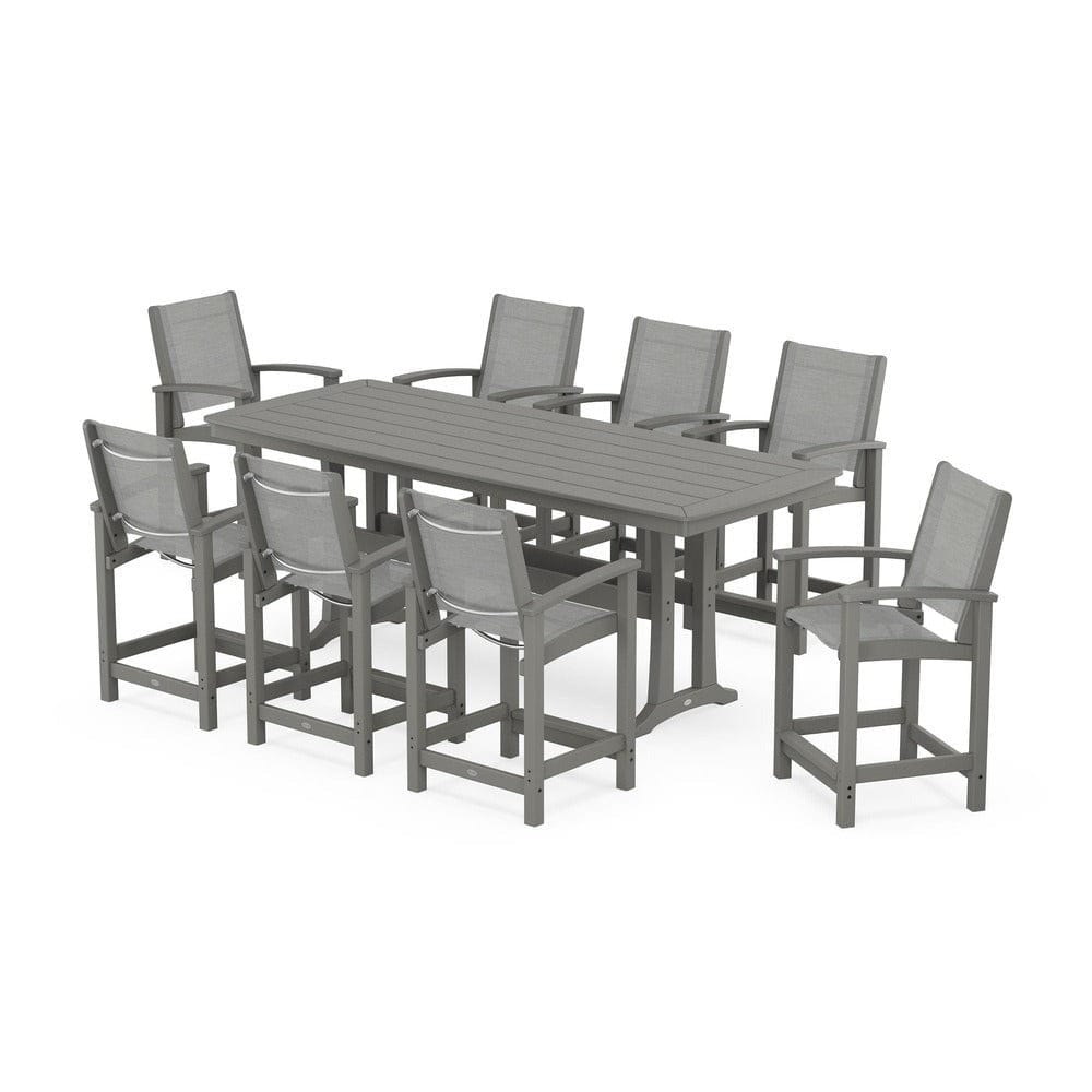 POLYWOOD® Outdoor Furniture Slate Grey / Metallic Sling POLYWOOD® - Coastal 9-Piece Counter Set with Trestle Legs - PWS1931