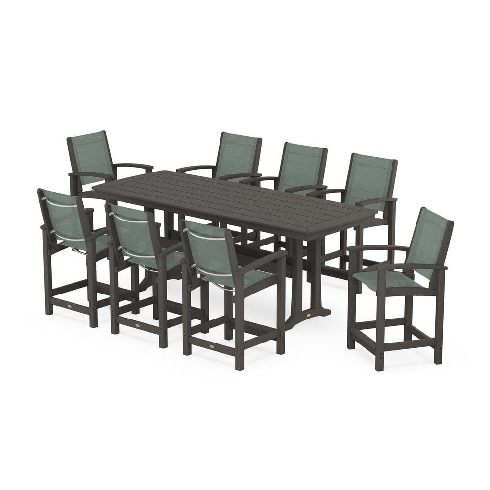 POLYWOOD® Outdoor Furniture Vintage Coffee / Dupioni Sea Mist Sling POLYWOOD® - Coastal 9-Piece Counter Set with Trestle Legs - PWS1931