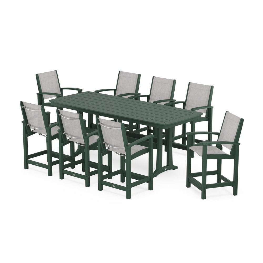 POLYWOOD® Outdoor Furniture Green / Parchment Sling POLYWOOD® - Coastal 9-Piece Counter Set with Trestle Legs - PWS1931