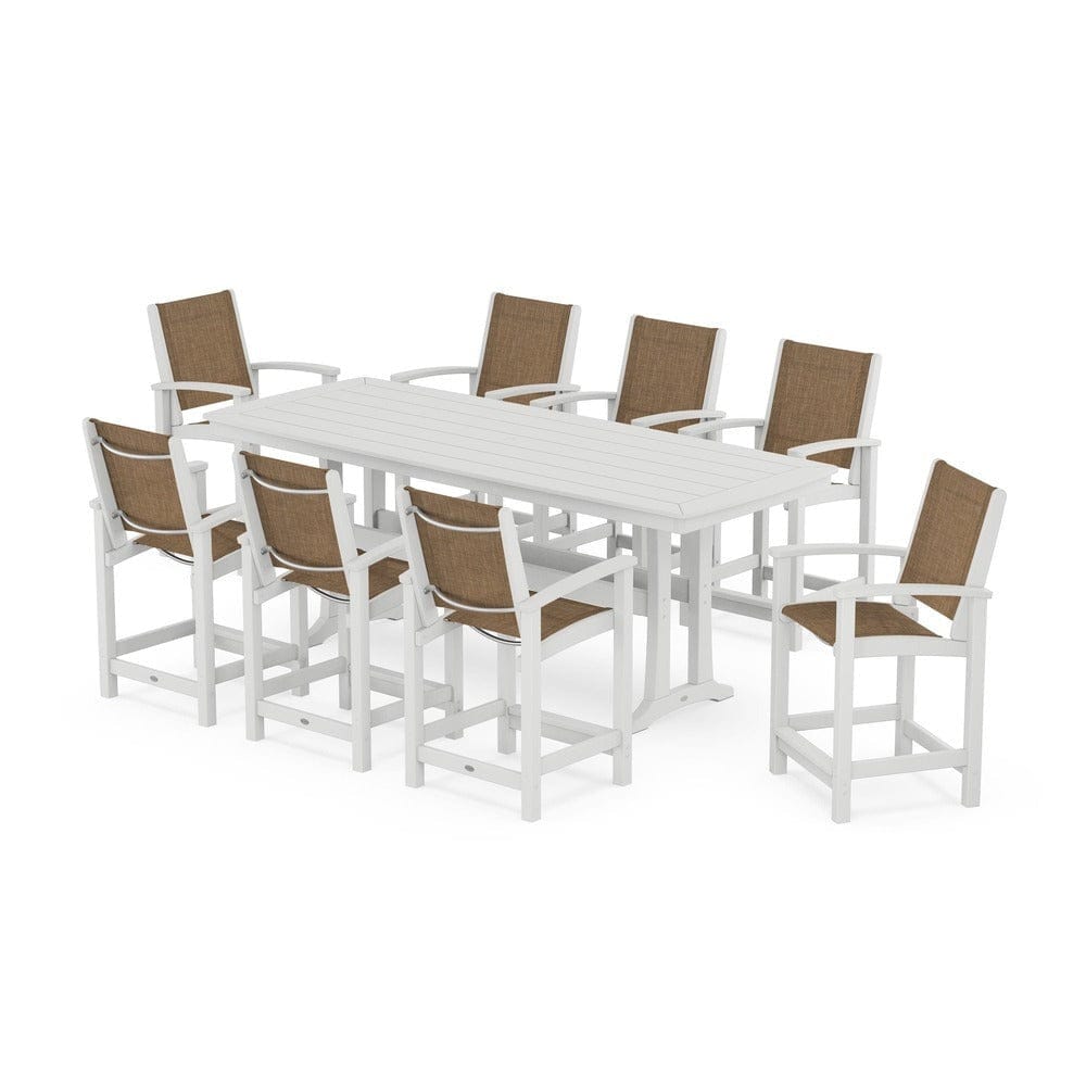 POLYWOOD® Outdoor Furniture White / Burlap Sling POLYWOOD® - Coastal 9-Piece Counter Set with Trestle Legs - PWS1931