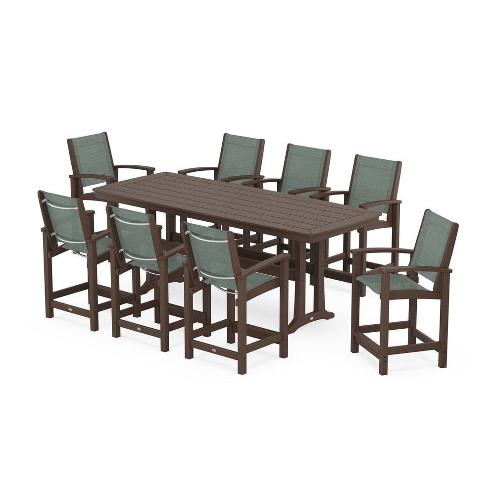POLYWOOD® Outdoor Furniture Mahogany / Dupioni Sea Mist Sling POLYWOOD® - Coastal 9-Piece Counter Set with Trestle Legs - PWS1931