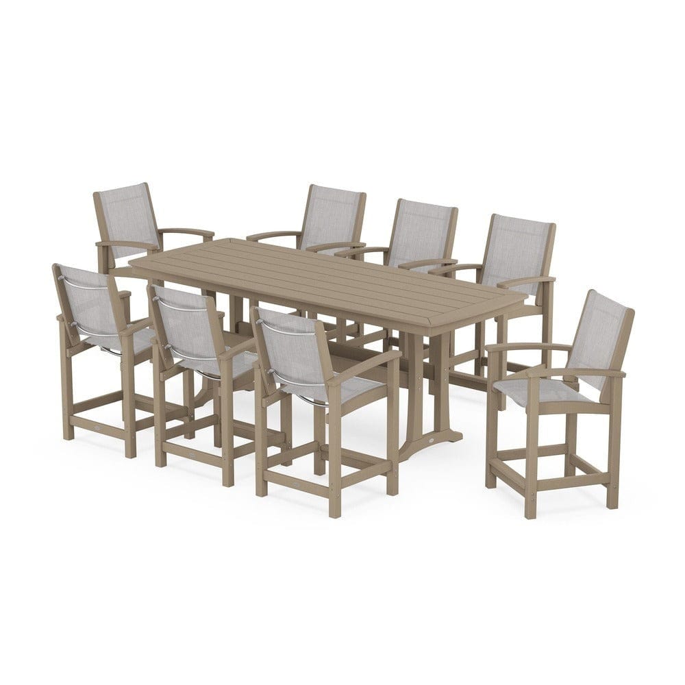 POLYWOOD® Outdoor Furniture Vintage Sahara / Parchment Sling POLYWOOD® - Coastal 9-Piece Counter Set with Trestle Legs - PWS1931