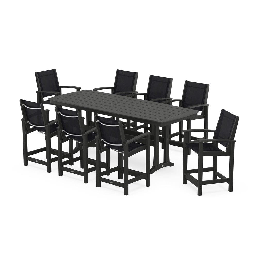 POLYWOOD® Outdoor Furniture Black / Black Sling POLYWOOD® - Coastal 9-Piece Counter Set with Trestle Legs - PWS1931