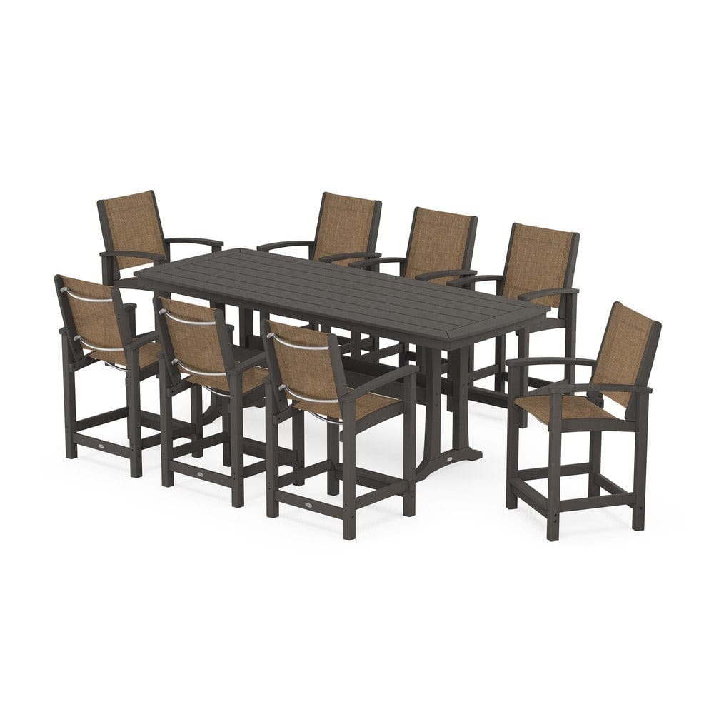 POLYWOOD® Outdoor Furniture Vintage Coffee / Burlap Sling POLYWOOD® - Coastal 9-Piece Counter Set with Trestle Legs - PWS1931