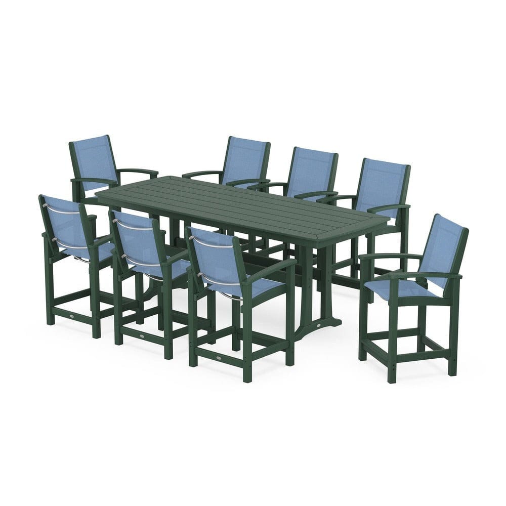 POLYWOOD® Outdoor Furniture Green / Poolside Sling POLYWOOD® - Coastal 9-Piece Counter Set with Trestle Legs - PWS1931