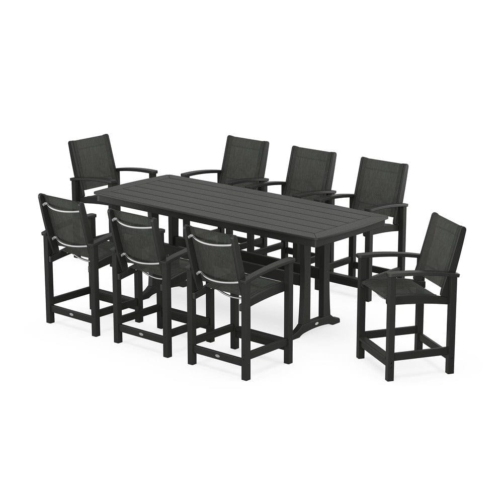 POLYWOOD® Outdoor Furniture Black / Ember Sling POLYWOOD® - Coastal 9-Piece Counter Set with Trestle Legs - PWS1931