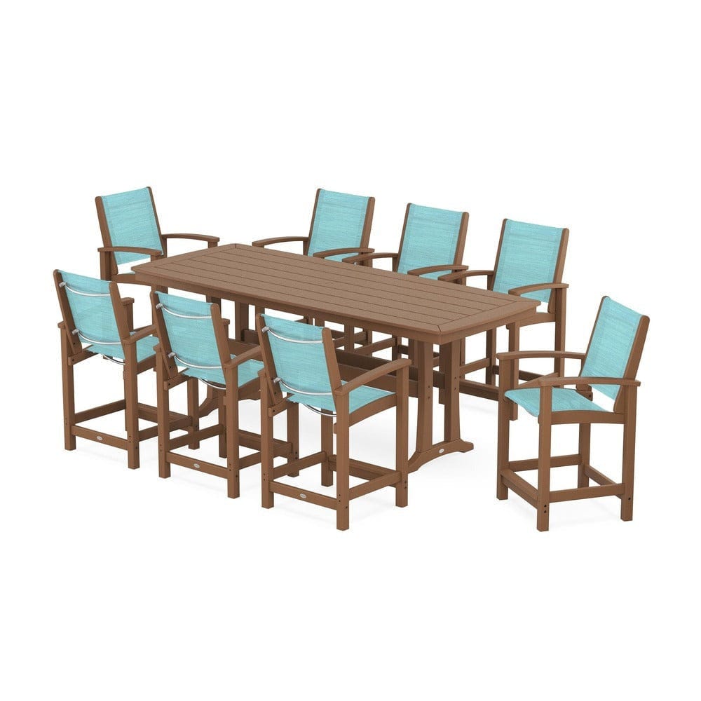 POLYWOOD® Outdoor Furniture Teak / Dupioni Aquamarine Sling POLYWOOD® - Coastal 9-Piece Counter Set with Trestle Legs - PWS1931