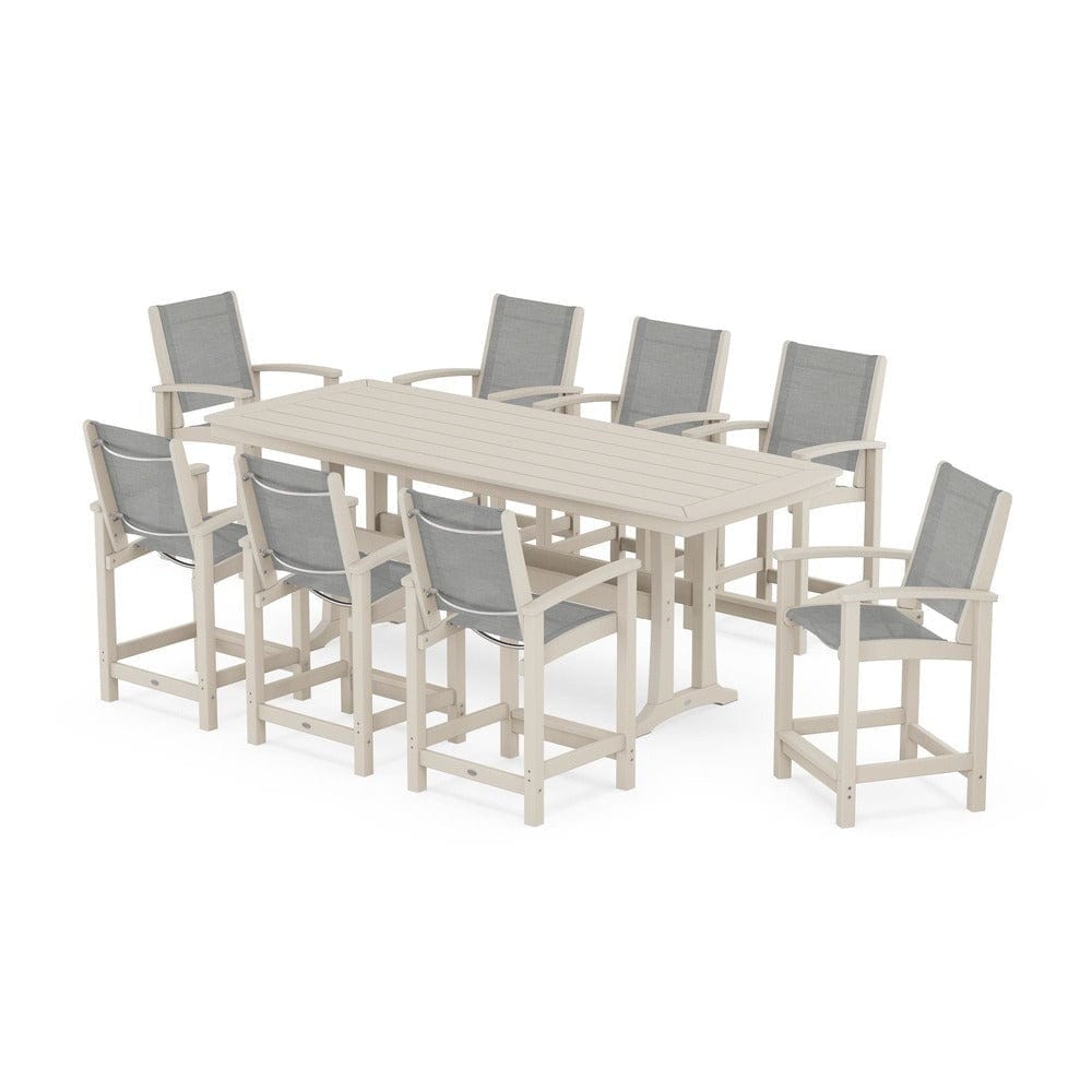 POLYWOOD® Outdoor Furniture Sand / Metallic Sling POLYWOOD® - Coastal 9-Piece Counter Set with Trestle Legs - PWS1931