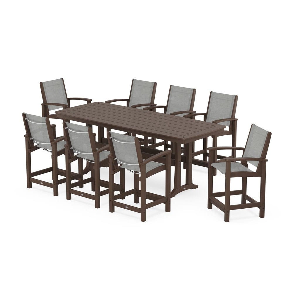POLYWOOD® Outdoor Furniture Mahogany / Metallic Sling POLYWOOD® - Coastal 9-Piece Counter Set with Trestle Legs - PWS1931