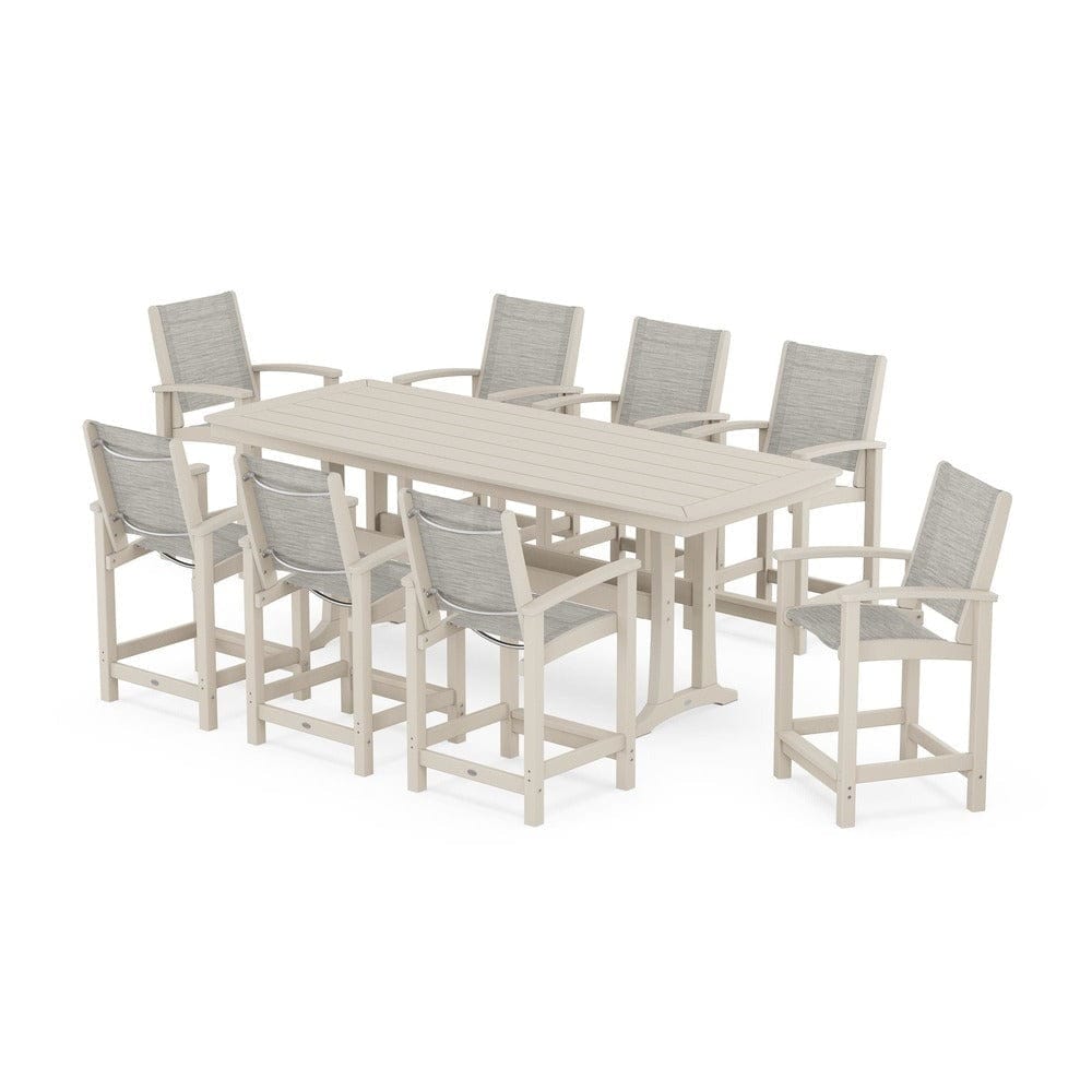 POLYWOOD® Outdoor Furniture Sand / Birch Sling POLYWOOD® - Coastal 9-Piece Counter Set with Trestle Legs - PWS1931