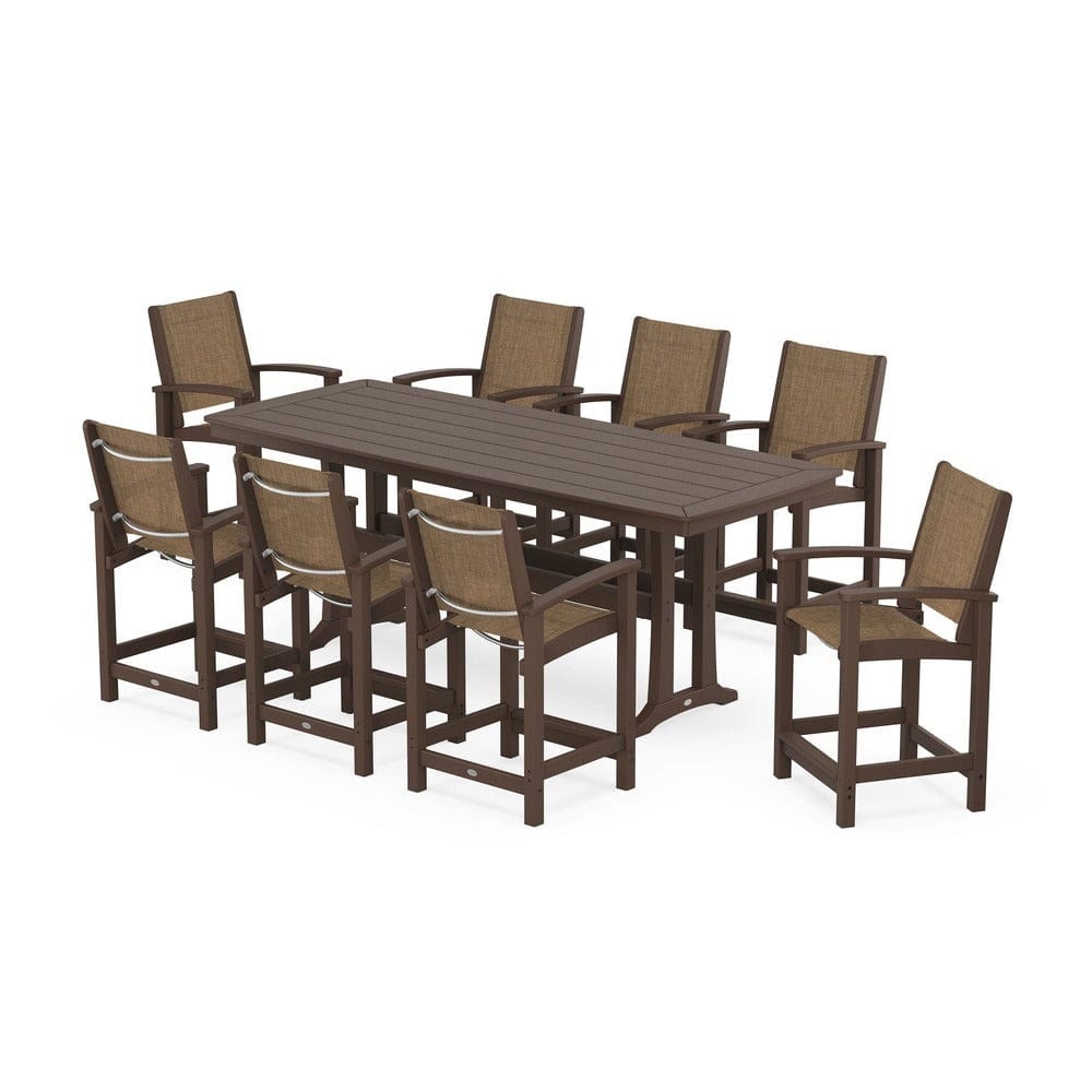 POLYWOOD® Outdoor Furniture Mahogany / Burlap Sling POLYWOOD® - Coastal 9-Piece Counter Set with Trestle Legs - PWS1931