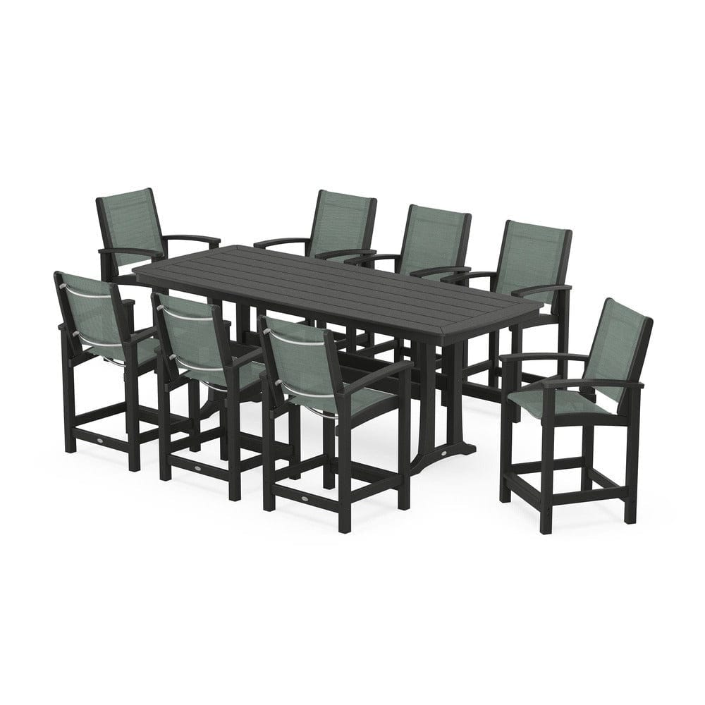 POLYWOOD® Outdoor Furniture Black / Dupioni Sea Mist Sling POLYWOOD® - Coastal 9-Piece Counter Set with Trestle Legs - PWS1931