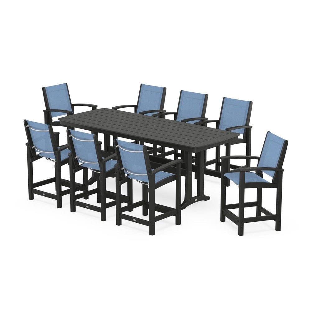 POLYWOOD® Outdoor Furniture Black / Poolside Sling POLYWOOD® - Coastal 9-Piece Counter Set with Trestle Legs - PWS1931