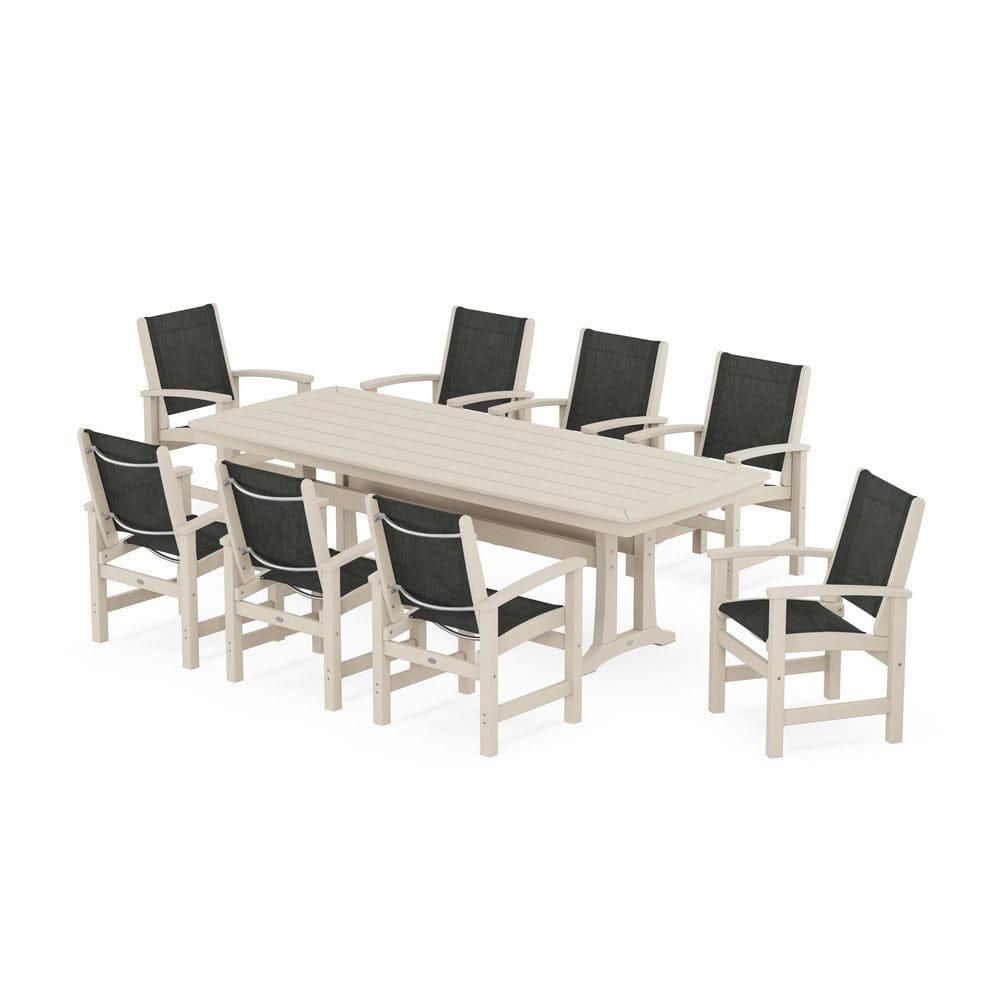 POLYWOOD® Outdoor Furniture Sand / Ember Sling POLYWOOD® - Coastal 9-Piece Dining Set with Trestle Legs - PWS1502
