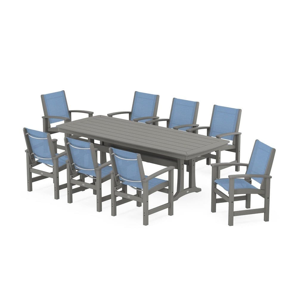 POLYWOOD® Outdoor Furniture Slate Grey / Poolside Sling POLYWOOD® - Coastal 9-Piece Dining Set with Trestle Legs - PWS1502