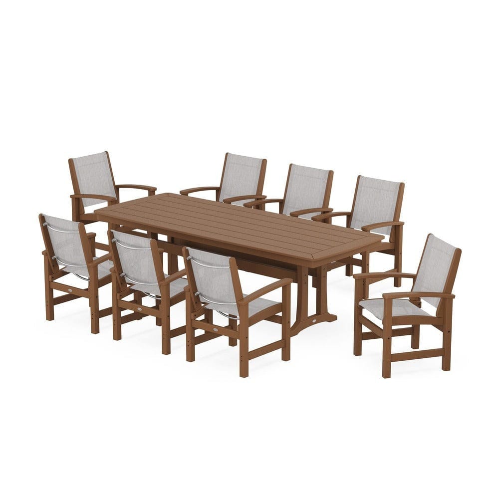 POLYWOOD® Outdoor Furniture Teak / Parchment Sling POLYWOOD® - Coastal 9-Piece Dining Set with Trestle Legs - PWS1502