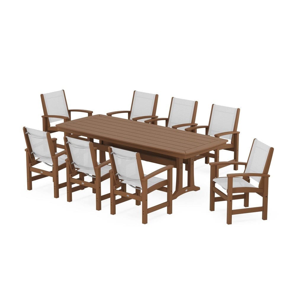 POLYWOOD® Outdoor Furniture Teak / White Sling POLYWOOD® - Coastal 9-Piece Dining Set with Trestle Legs - PWS1502