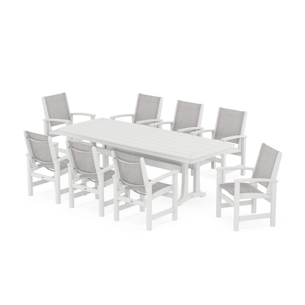 POLYWOOD® Outdoor Furniture White / Parchment Sling POLYWOOD® - Coastal 9-Piece Dining Set with Trestle Legs - PWS1502