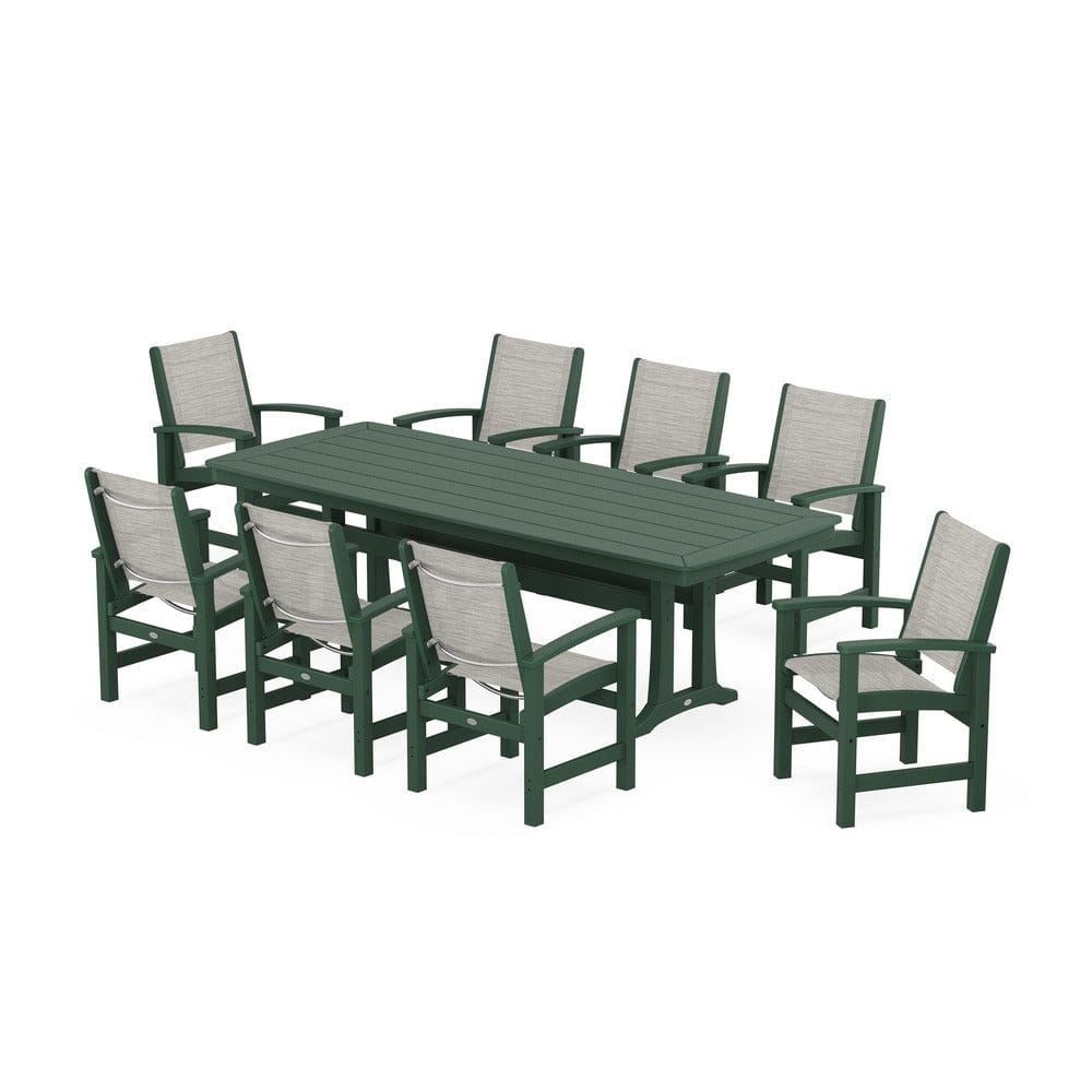 POLYWOOD® Outdoor Furniture Green / Birch Sling POLYWOOD® - Coastal 9-Piece Dining Set with Trestle Legs - PWS1502