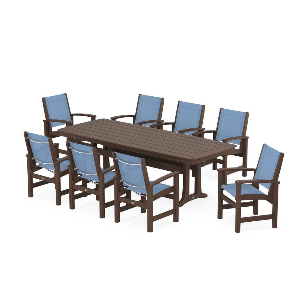 POLYWOOD® Outdoor Furniture Mahogany / Poolside Sling POLYWOOD® - Coastal 9-Piece Dining Set with Trestle Legs - PWS1502