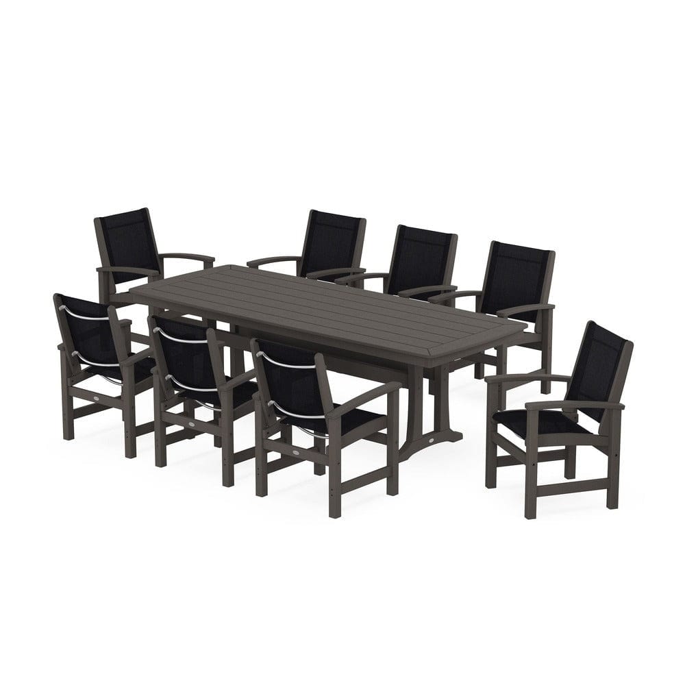 POLYWOOD® Outdoor Furniture Vintage Coffee / Black Sling POLYWOOD® - Coastal 9-Piece Dining Set with Trestle Legs - PWS1502