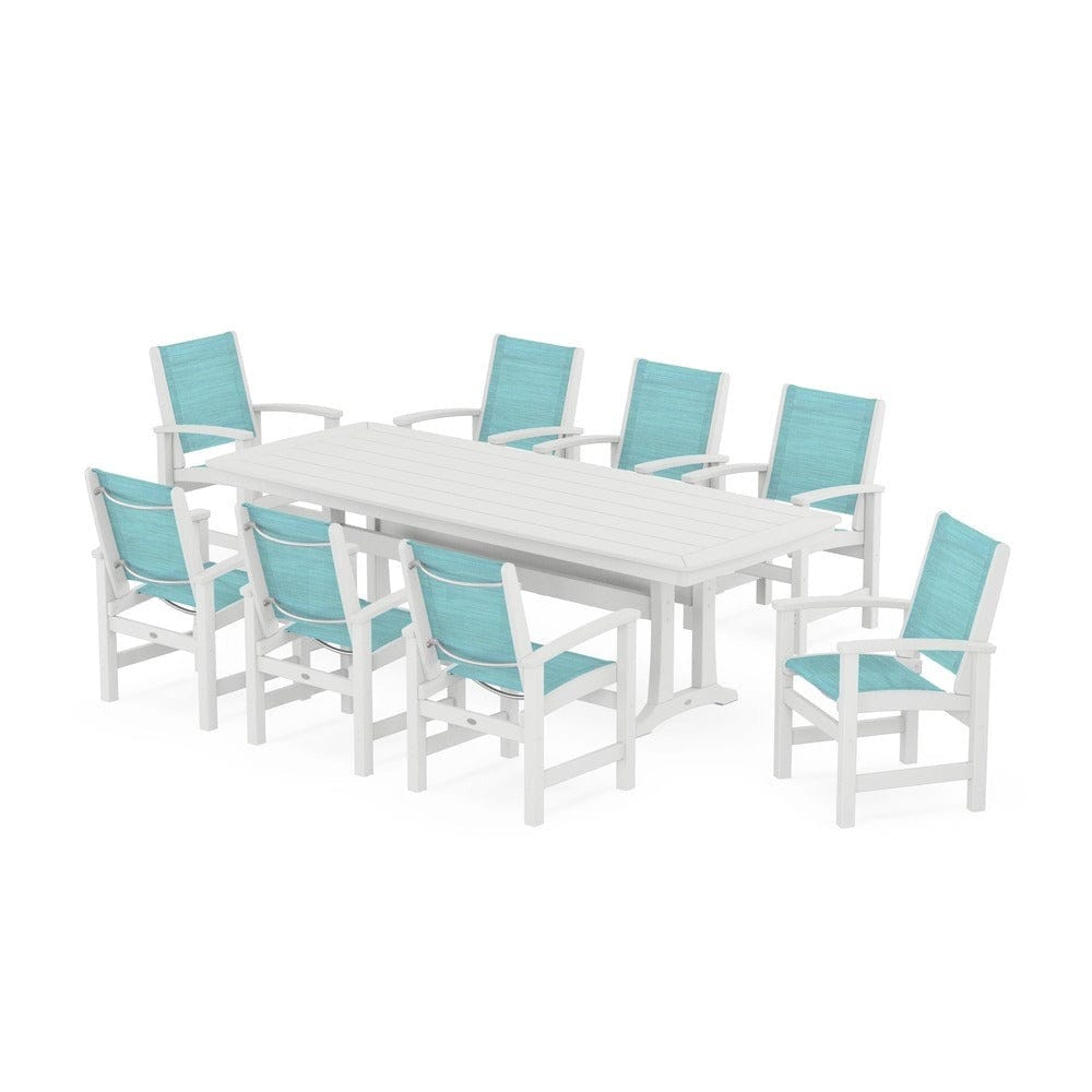 POLYWOOD® Outdoor Furniture White / Dupioni Aquamarine Sling POLYWOOD® - Coastal 9-Piece Dining Set with Trestle Legs - PWS1502