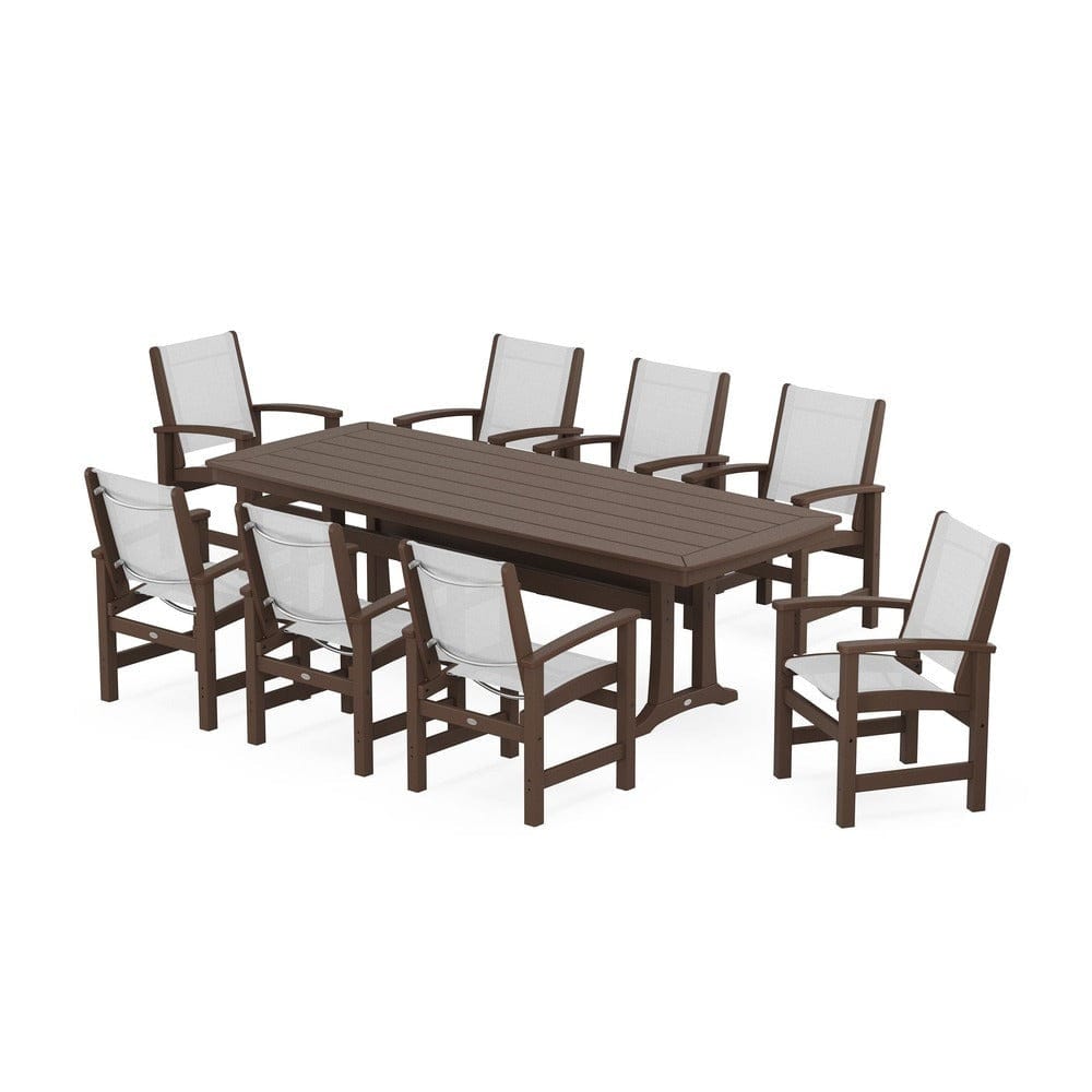 POLYWOOD® Outdoor Furniture Mahogany / White Sling POLYWOOD® - Coastal 9-Piece Dining Set with Trestle Legs - PWS1502