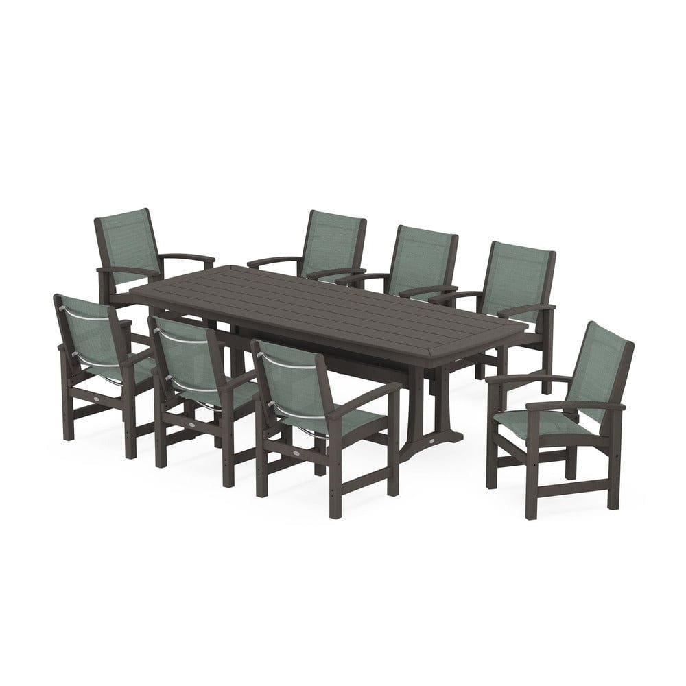 POLYWOOD® Outdoor Furniture Vintage Coffee / Dupioni Sea Mist Sling POLYWOOD® - Coastal 9-Piece Dining Set with Trestle Legs - PWS1502