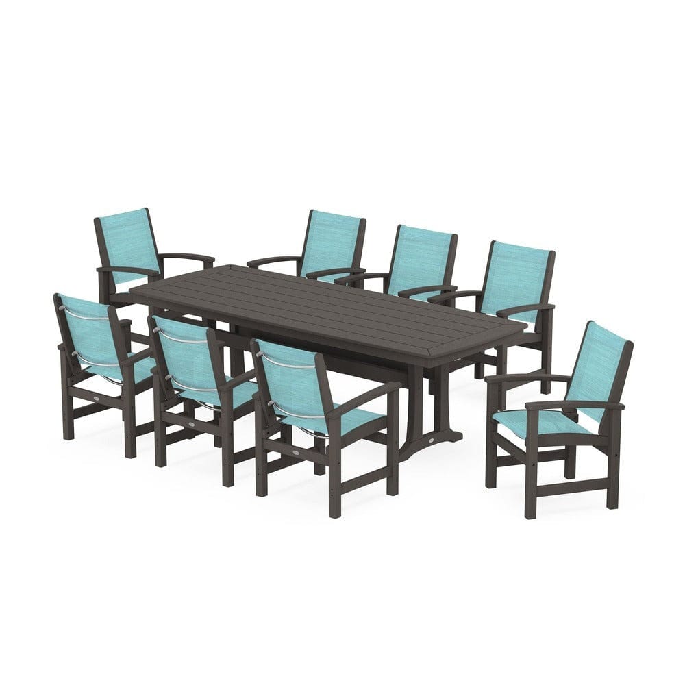 POLYWOOD® Outdoor Furniture Vintage Coffee / Dupioni Aquamarine Sling POLYWOOD® - Coastal 9-Piece Dining Set with Trestle Legs - PWS1502