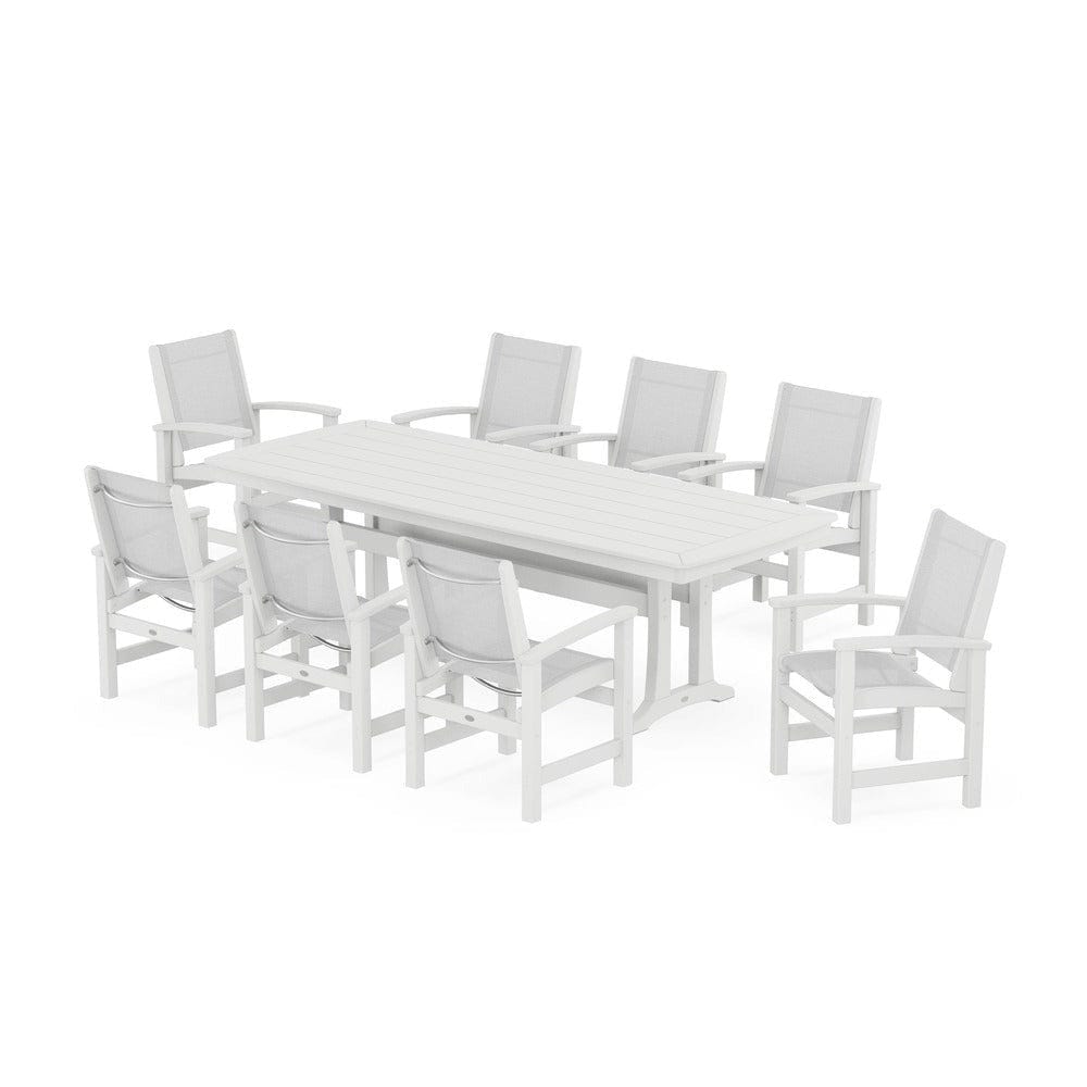 POLYWOOD® Outdoor Furniture White / White Sling POLYWOOD® - Coastal 9-Piece Dining Set with Trestle Legs - PWS1502