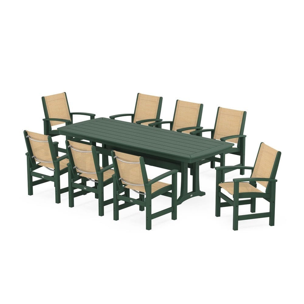 POLYWOOD® Outdoor Furniture Green / Dupioni Apricot Sling POLYWOOD® - Coastal 9-Piece Dining Set with Trestle Legs - PWS1502