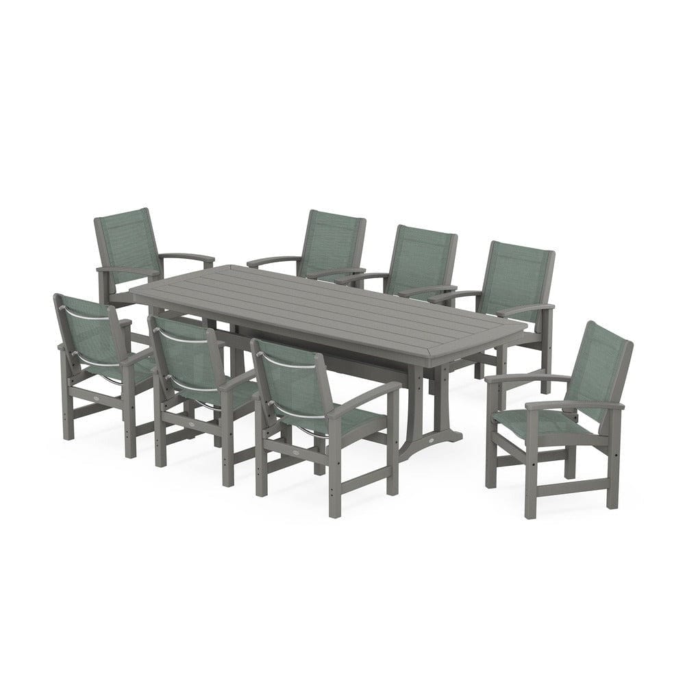 POLYWOOD® Outdoor Furniture Slate Grey / Dupioni Sea Mist Sling POLYWOOD® - Coastal 9-Piece Dining Set with Trestle Legs - PWS1502