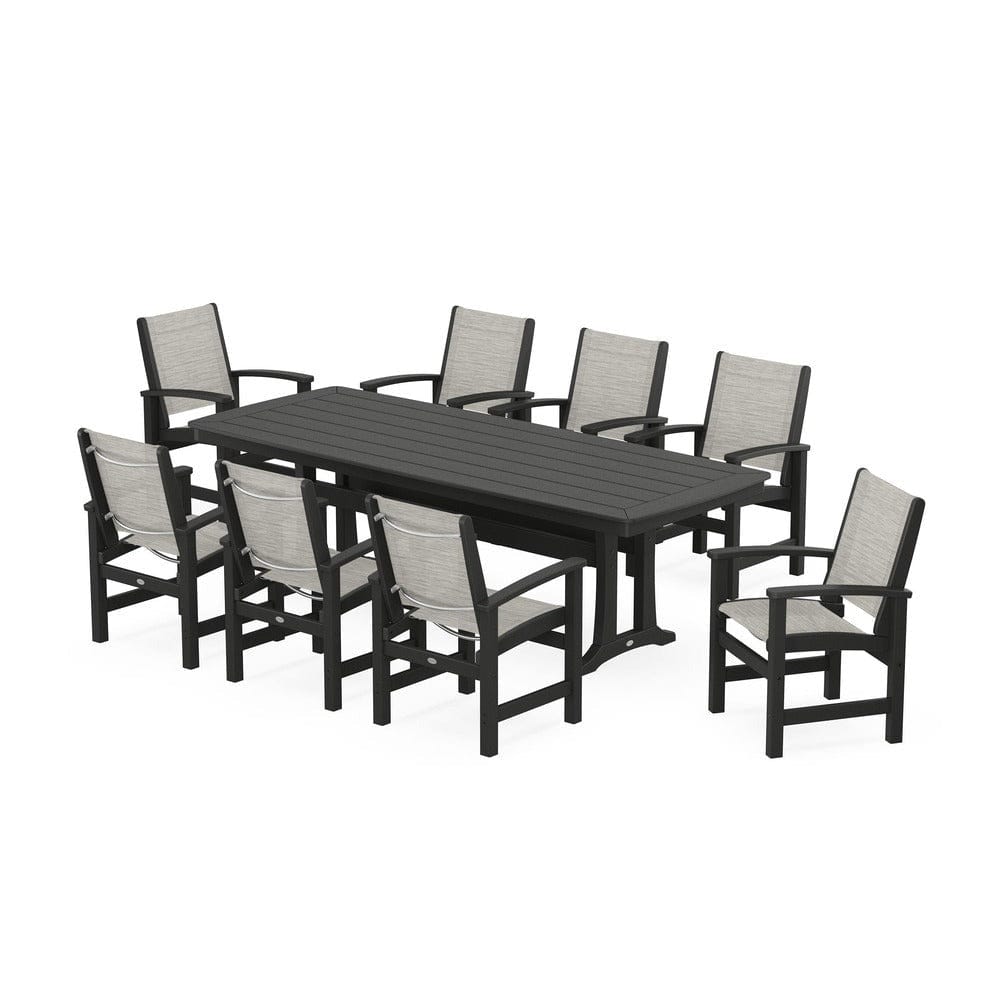 POLYWOOD® Outdoor Furniture Black / Birch Sling POLYWOOD® - Coastal 9-Piece Dining Set with Trestle Legs - PWS1502