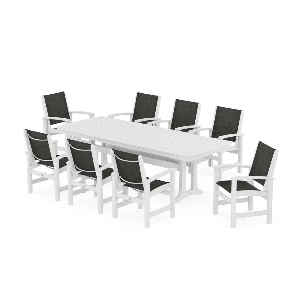POLYWOOD® Outdoor Furniture White / Ember Sling POLYWOOD® - Coastal 9-Piece Dining Set with Trestle Legs - PWS1502