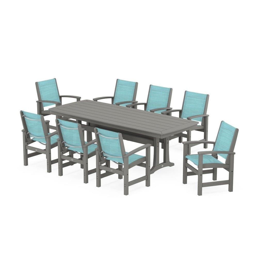POLYWOOD® Outdoor Furniture Slate Grey / Dupioni Aquamarine Sling POLYWOOD® - Coastal 9-Piece Dining Set with Trestle Legs - PWS1502