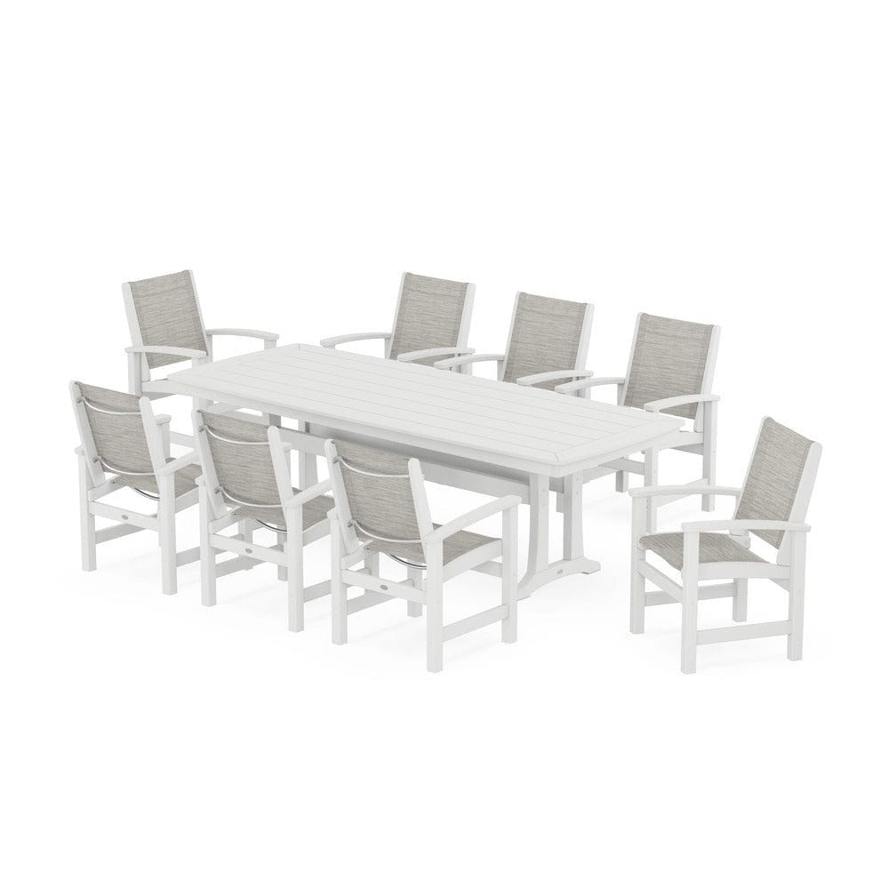POLYWOOD® Outdoor Furniture White / Birch Sling POLYWOOD® - Coastal 9-Piece Dining Set with Trestle Legs - PWS1502