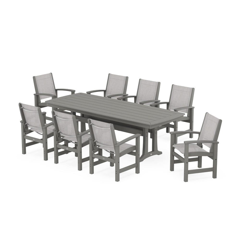 POLYWOOD® Outdoor Furniture Slate Grey / Parchment Sling POLYWOOD® - Coastal 9-Piece Dining Set with Trestle Legs - PWS1502