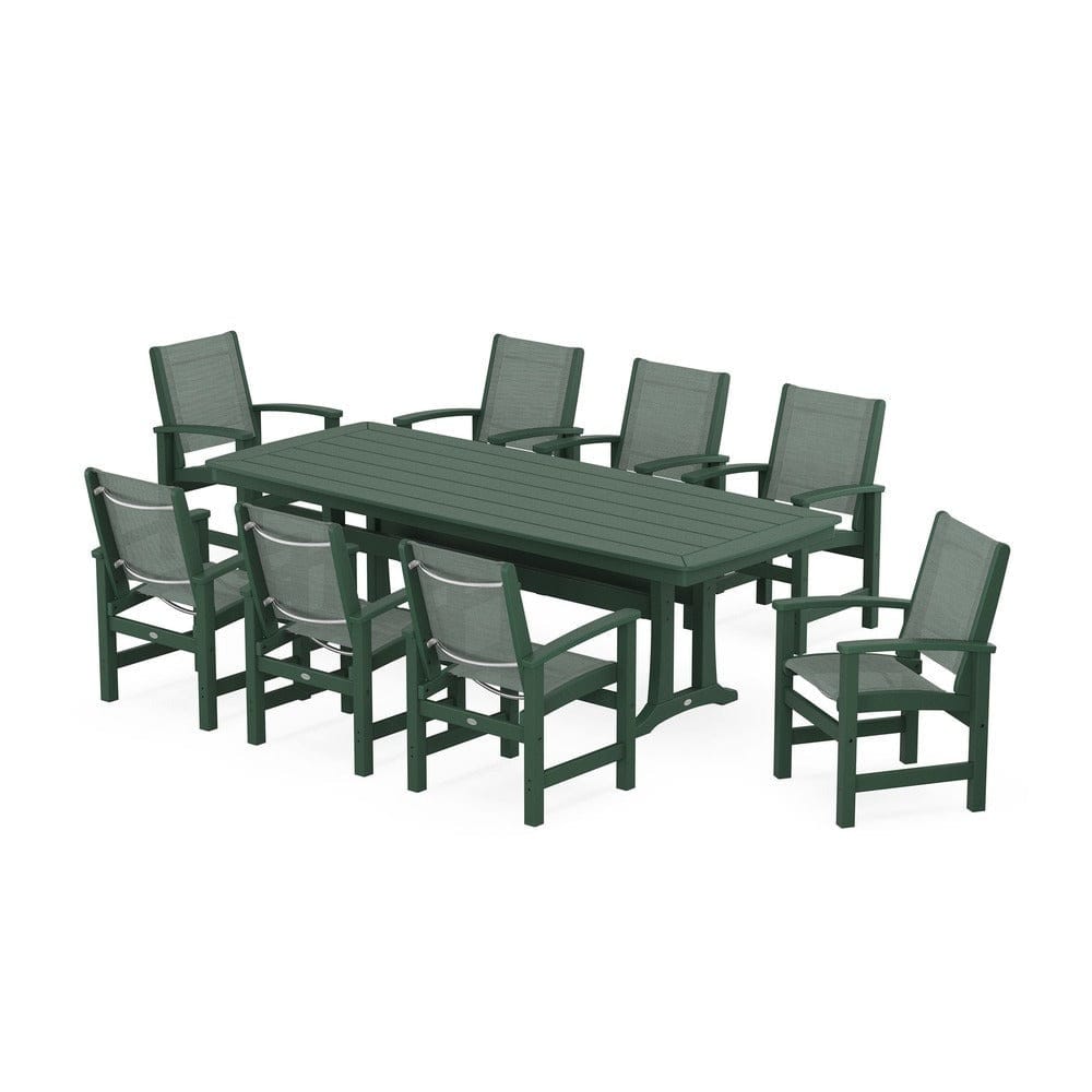 POLYWOOD® Outdoor Furniture Green / Dupioni Sea Mist Sling POLYWOOD® - Coastal 9-Piece Dining Set with Trestle Legs - PWS1502