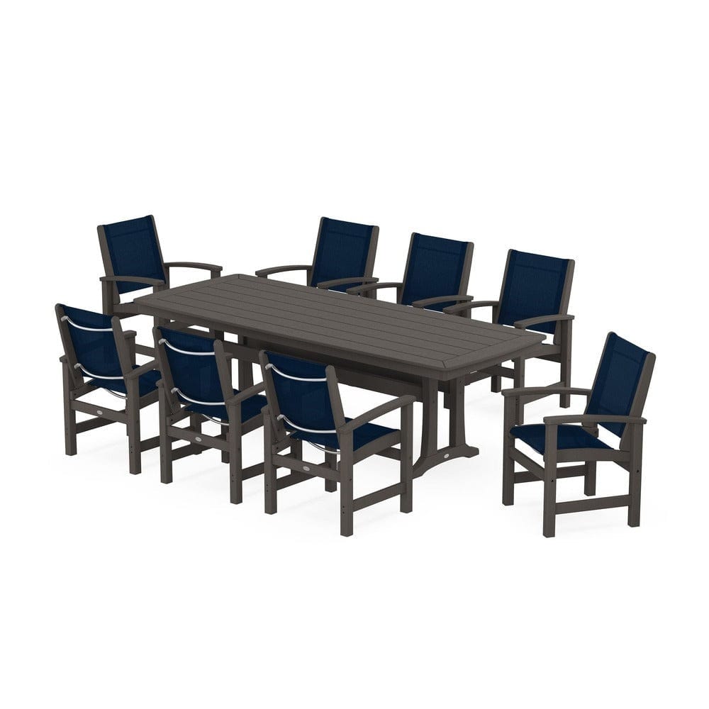 POLYWOOD® Outdoor Furniture Vintage Coffee / Navy Blue Sling POLYWOOD® - Coastal 9-Piece Dining Set with Trestle Legs - PWS1502