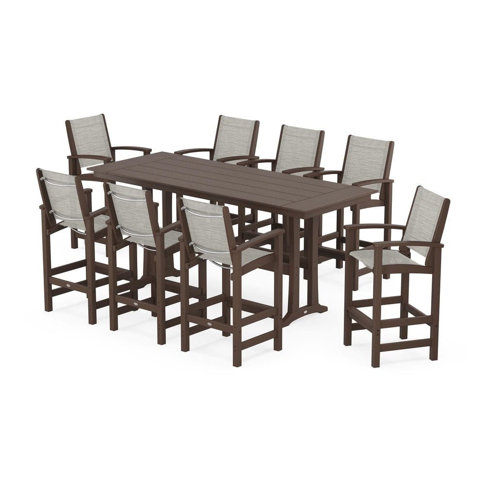 POLYWOOD® Outdoor Furniture Mahogany / Birch Sling POLYWOOD® - Coastal 9-Piece Farmhouse Bar Set with Trestle Legs - PWS1915
