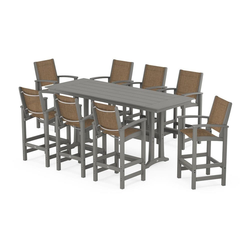 POLYWOOD® Outdoor Furniture Slate Grey / Burlap Sling POLYWOOD® - Coastal 9-Piece Farmhouse Bar Set with Trestle Legs - PWS1915