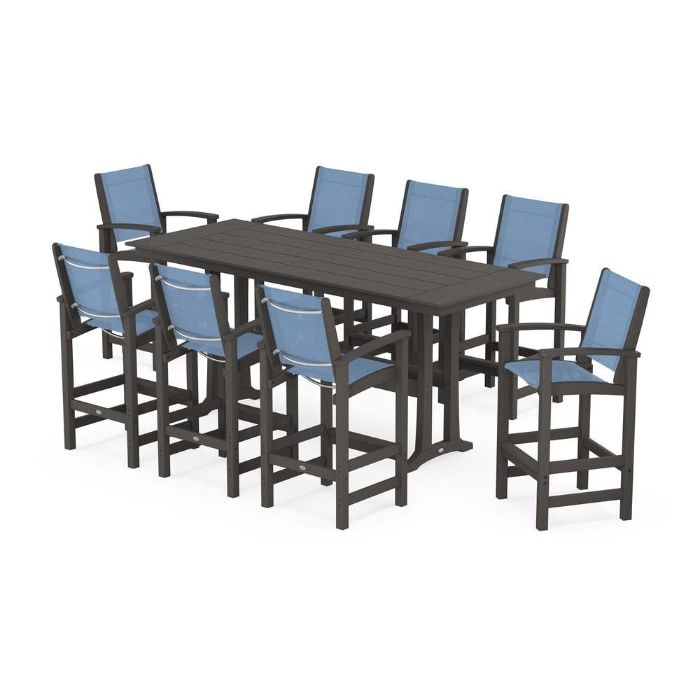 POLYWOOD® Outdoor Furniture Vintage Coffee / Poolside Sling POLYWOOD® - Coastal 9-Piece Farmhouse Bar Set with Trestle Legs - PWS1915