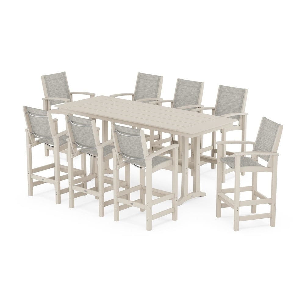 POLYWOOD® Outdoor Furniture Sand / Birch Sling POLYWOOD® - Coastal 9-Piece Farmhouse Bar Set with Trestle Legs - PWS1915